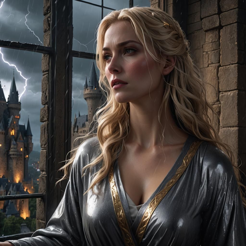 Fantasy Woman Stares at Castle During Storm
