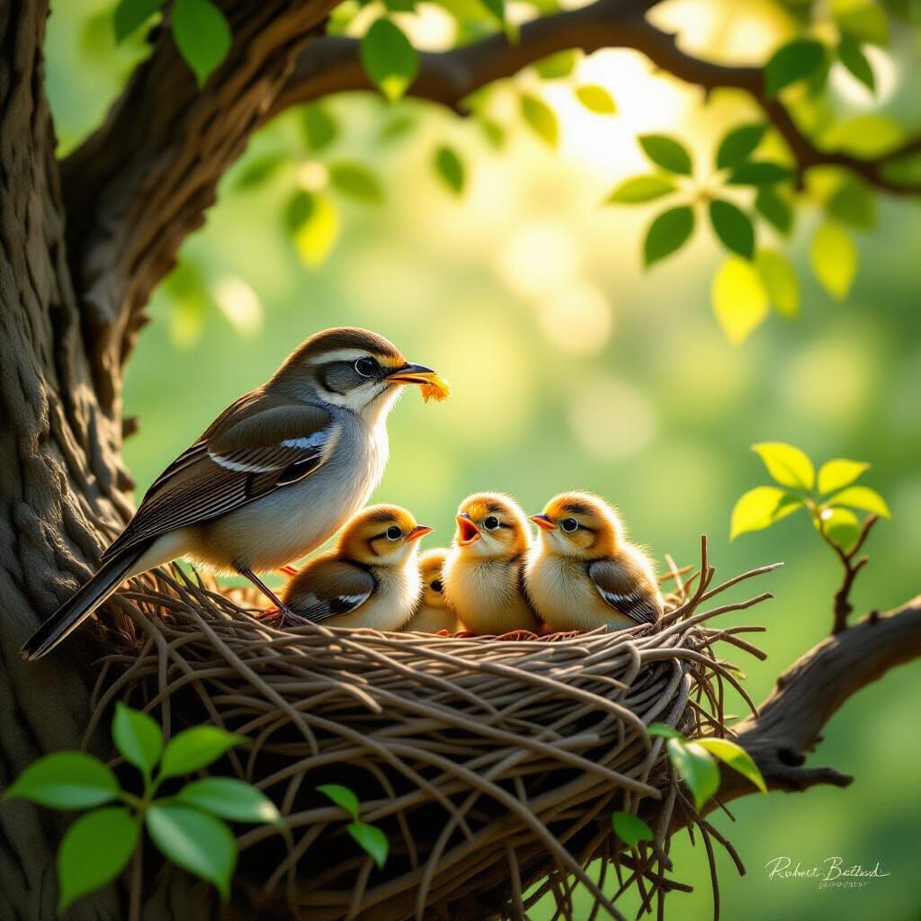 Mother Bird Feeds Chicks in Sunlit Nest