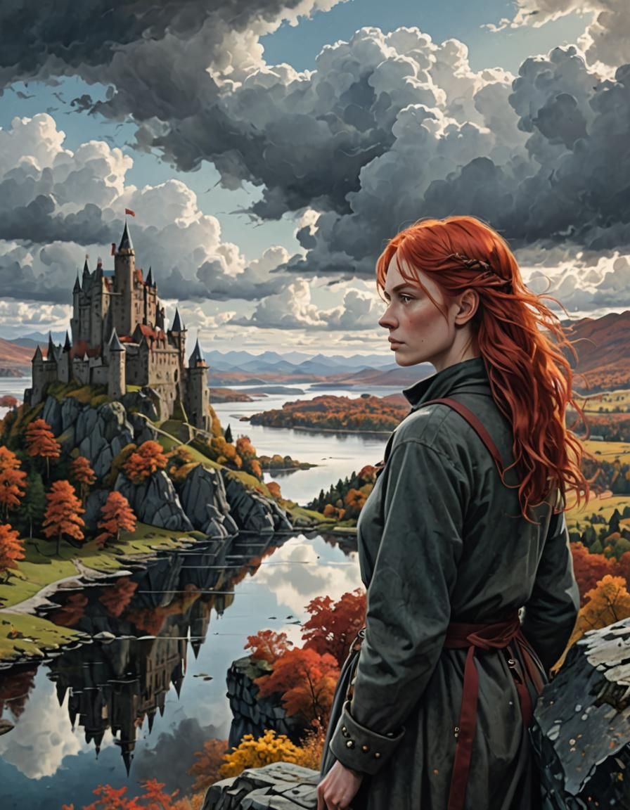 Autumn Castle Scene with Red-Haired Girl