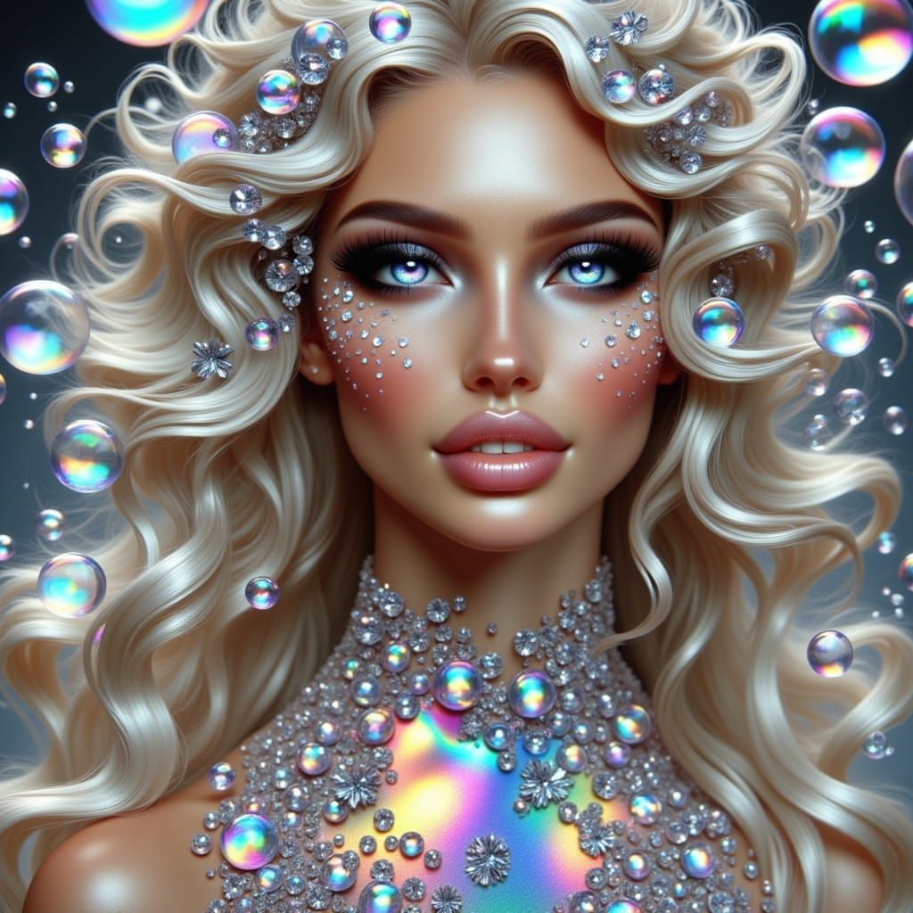 <lora:Iridescent Beauty:1.0> Magnificent bubble woman with gorgeous eyes, smile, face and hair. Ultra high fantasy