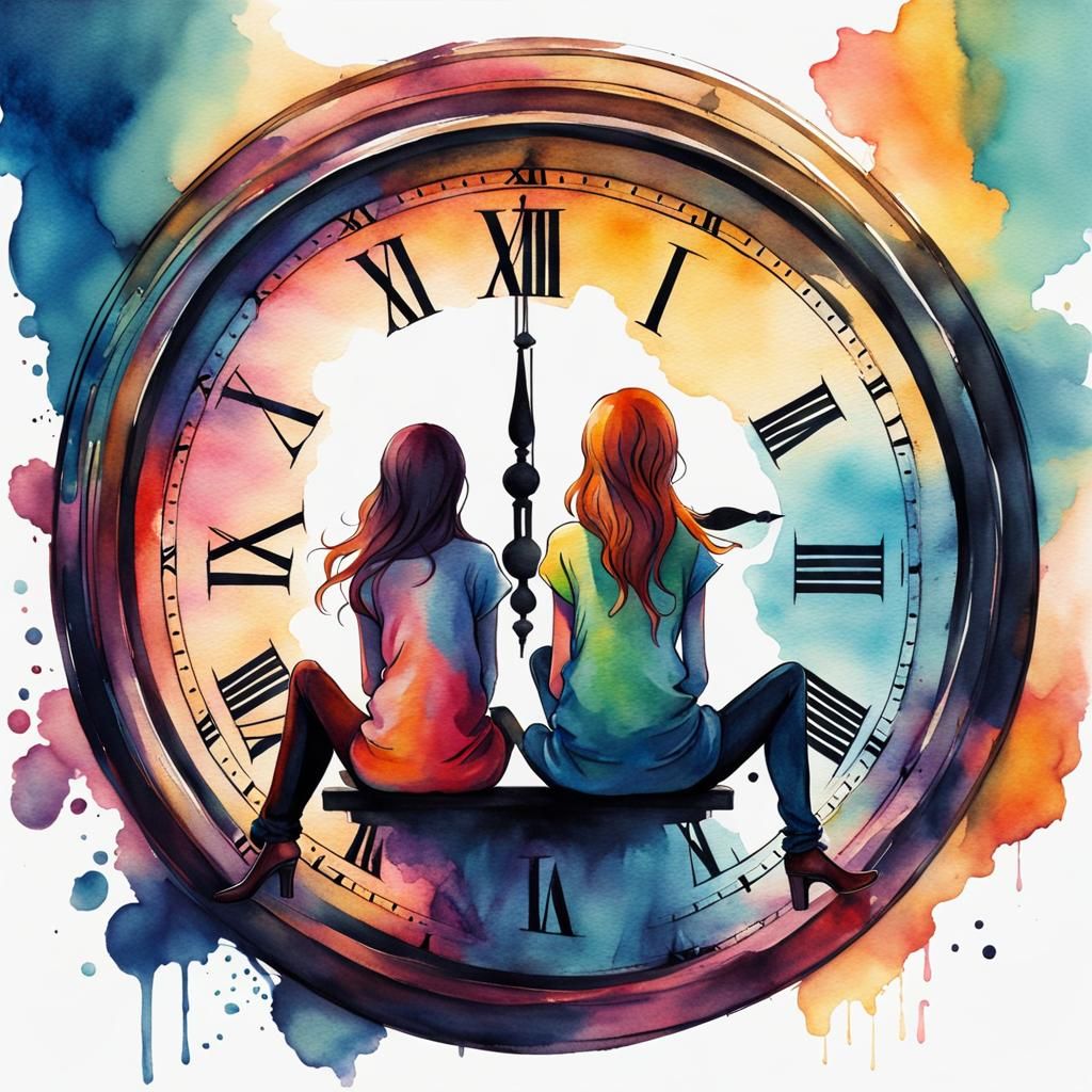 Girls on Clock in Cool Watercolor Concept Art
