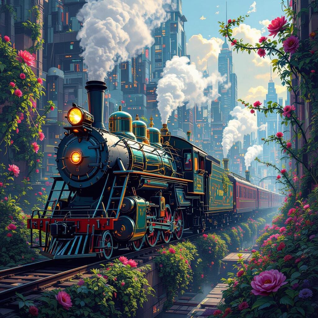 Mechanical Flora: Train Engines Bloom in Sci-Fi Cityscape