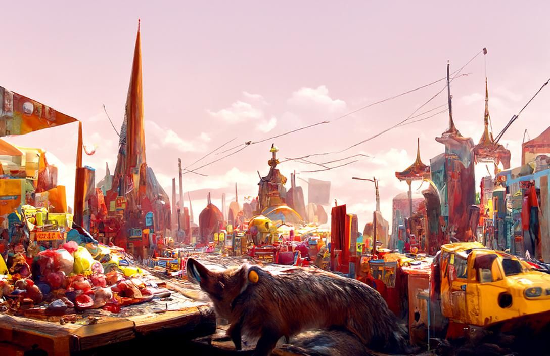 Animal City Market: Detailed Anthropomorphic Painting