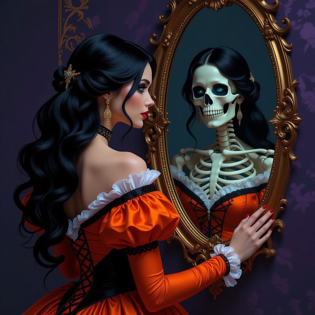 Regency Woman Sees Skeleton in Mirror - Dark Fantasy Art