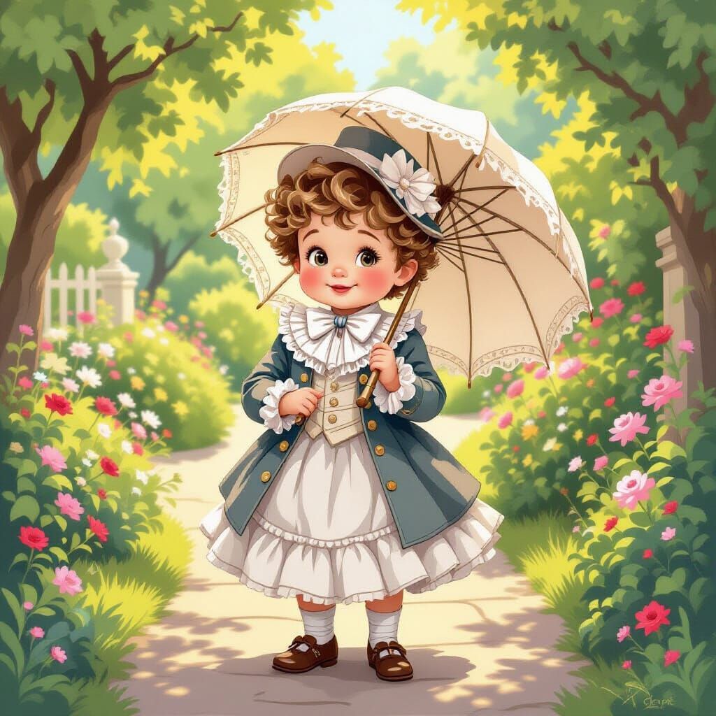 Victorian Boy with Parasol in Whimsical Garden