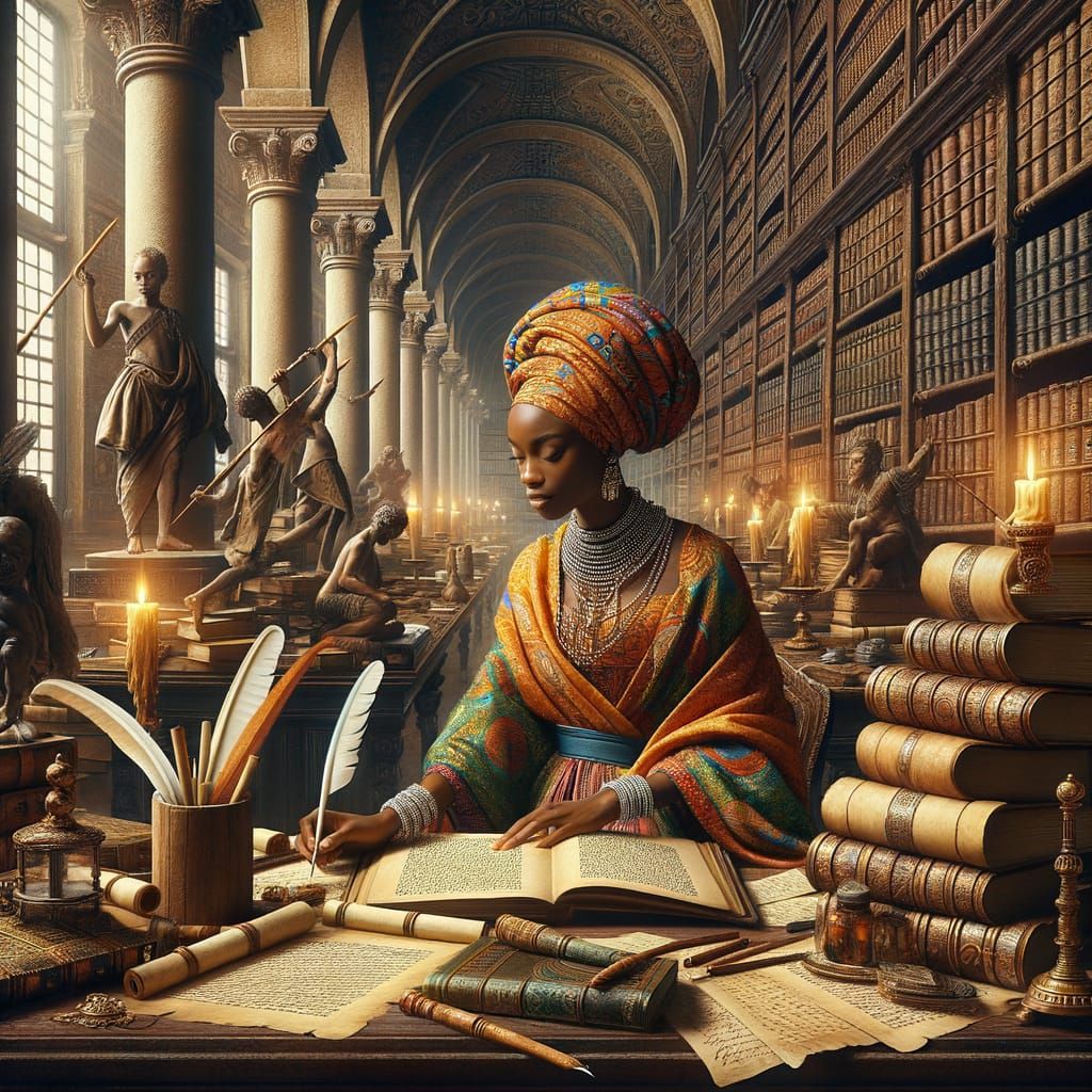 African Scholar Surrounded by Ancient Knowledge in Enlighten...