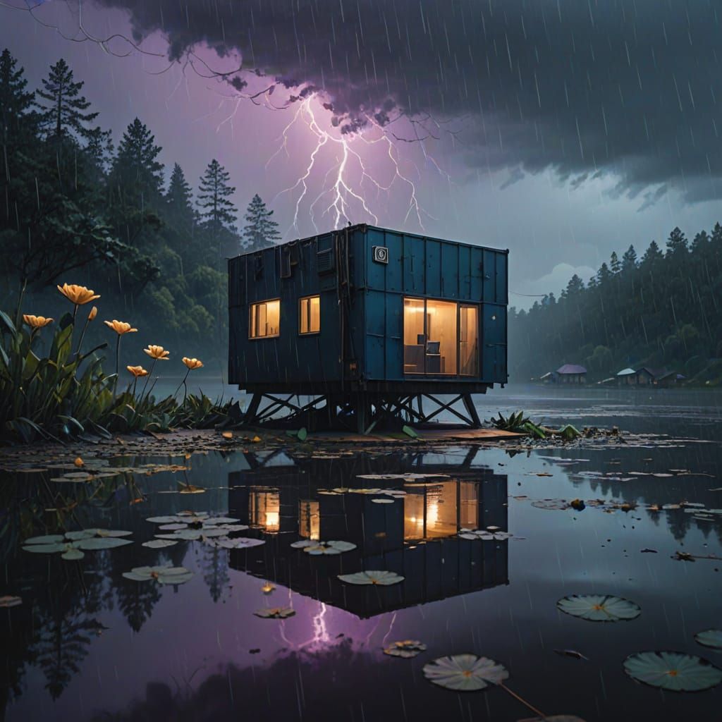 Futuristic Solitude on a Rainy Lake