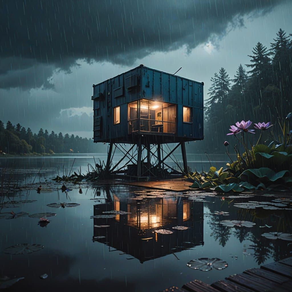 Cinematic Futuristic Cabin Amidst Moody Rainy Landscape