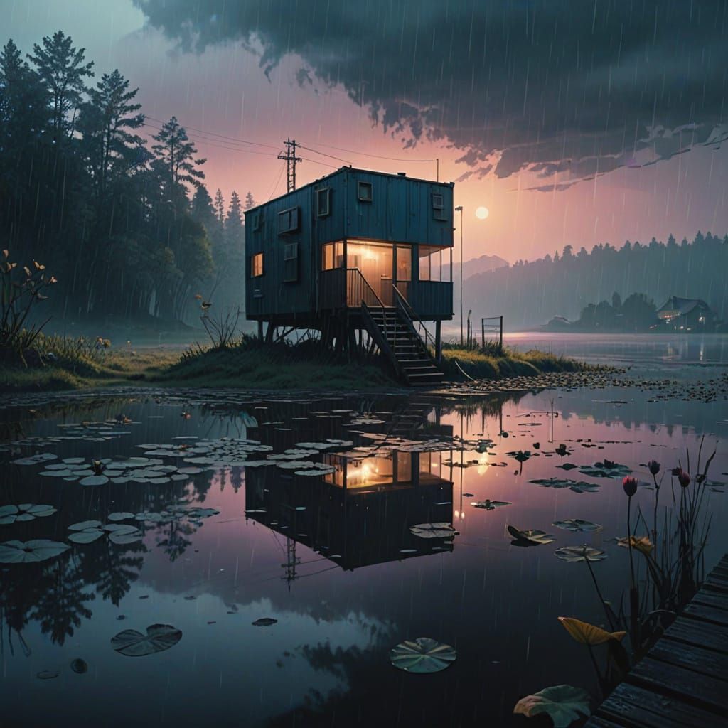 Moody Futuristic Retreat in Rainy Lake Landscape