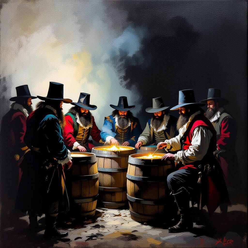 Gunpowder Plot Conspirators in Shadow, Impasto Oil Painting