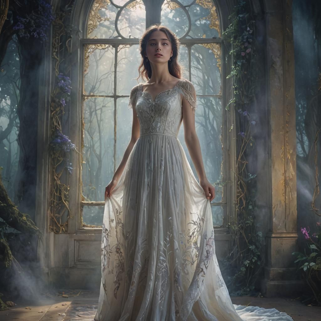 Melancholic Girl in Mystical Forest, Watercolor Art