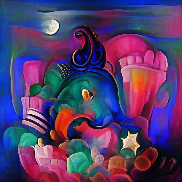 Colorful Art Deco Ganesh Under Moonlight