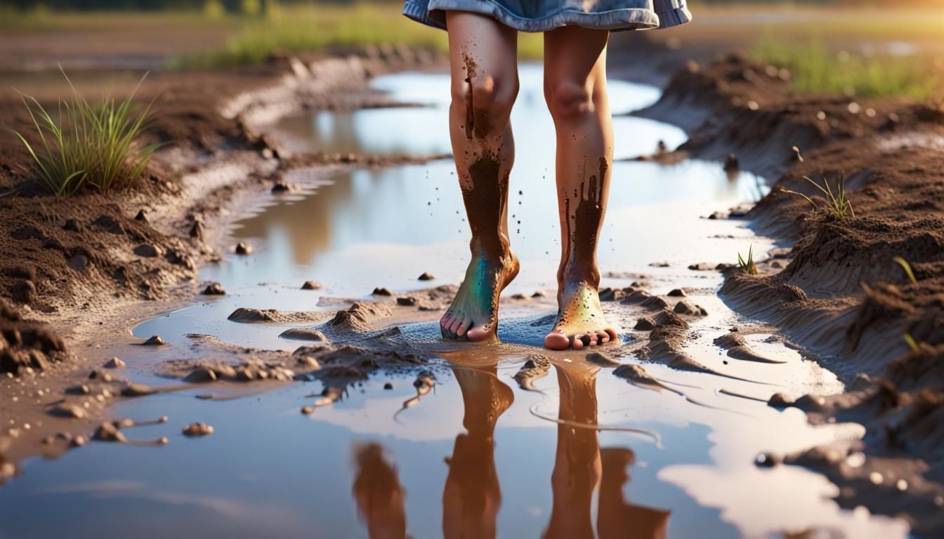 Girl Barefoot in Mud: Hyperrealistic Splash Art