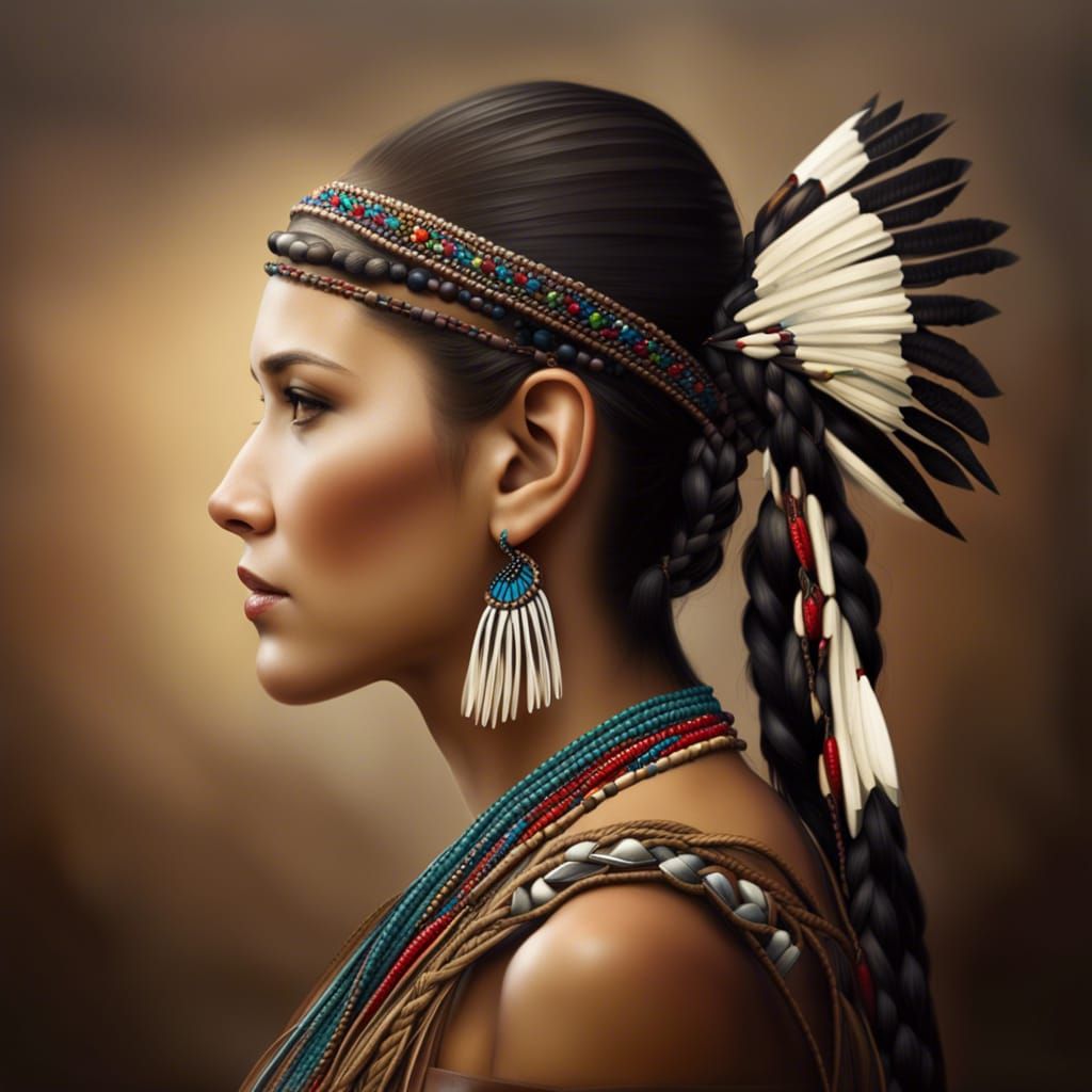 Cherokee Woman Portrait with Braided Hair and Beads