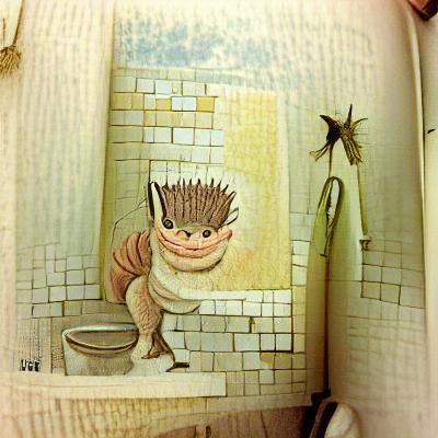 Whimsical Creature in Bathroom, Sendak-Style