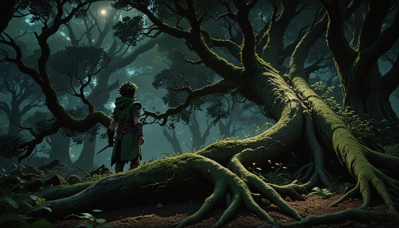 Ethereal Fantasy Landscape: Navi and Link Amidst Ancient Tre...
