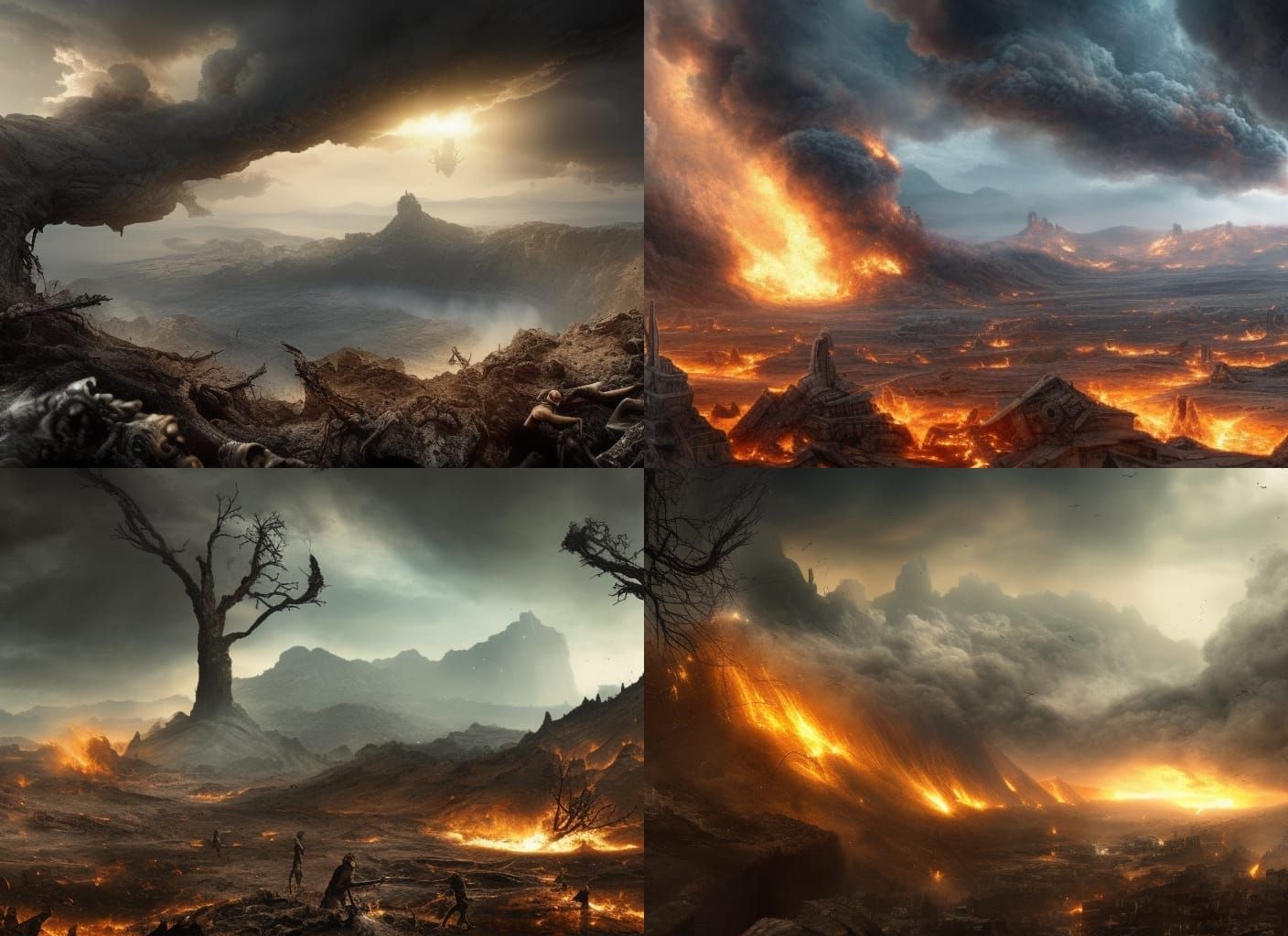 Dystopian Crater Landscape with Burning Ruins