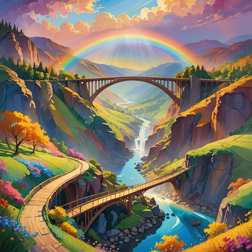 Rainbow Bridge Over Mystical Valley: Fauvist Digital Art