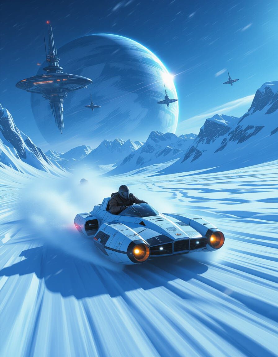 Sci-Fi Ice Speeder Races Across Frozen Wasteland