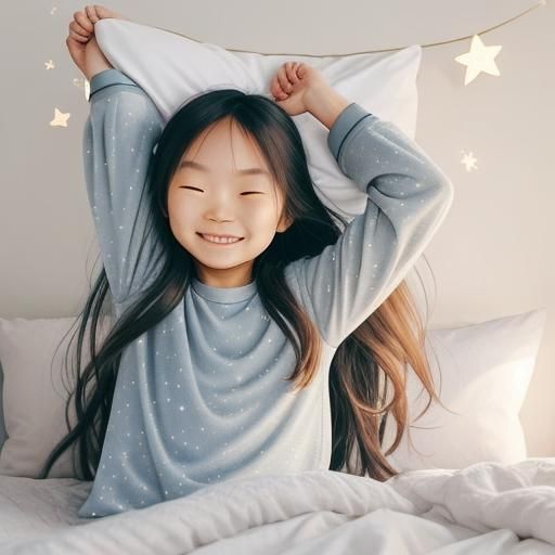 a little girl with long hair in pajamas jumps on the bed and...