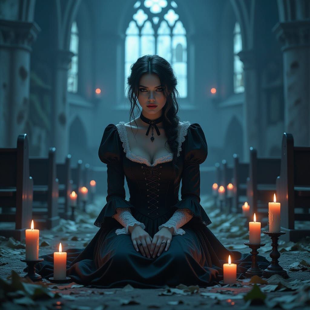 Eerie Victorian Woman in Abandoned Chapel