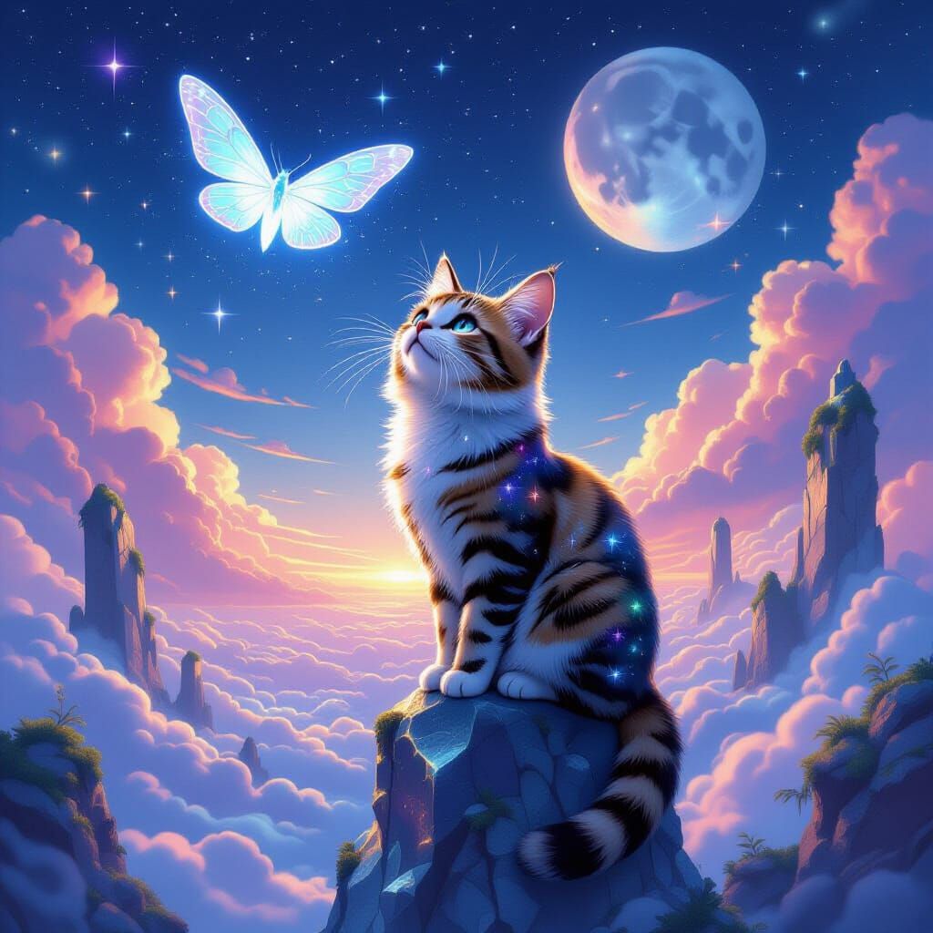 Cosmic Tabby Cat Seeks Starlight Moth Illustration