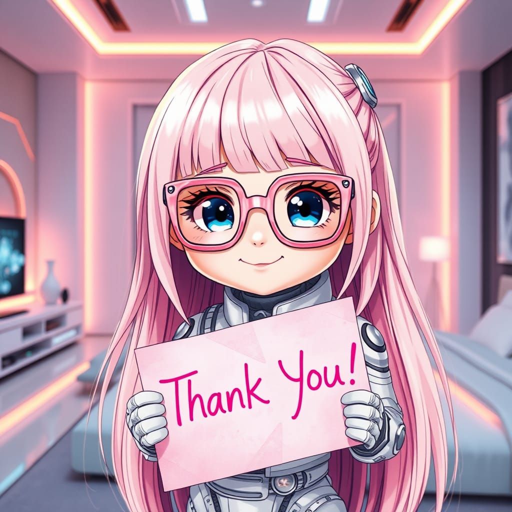 Chibi Girl in Biomechanical Outfit with Thank You Note