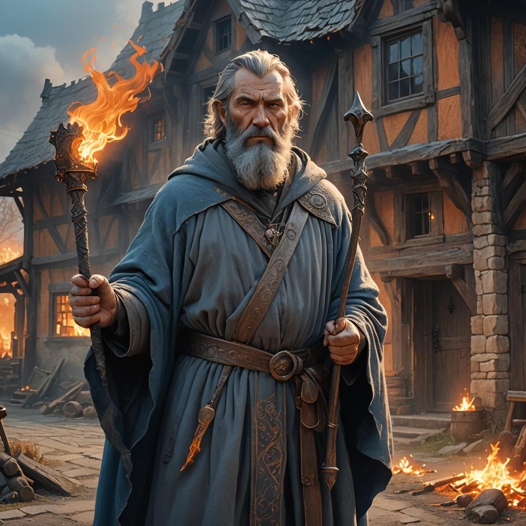 Burning Farmhouse: Fantasy Concept Art of Grey-Bearded Man