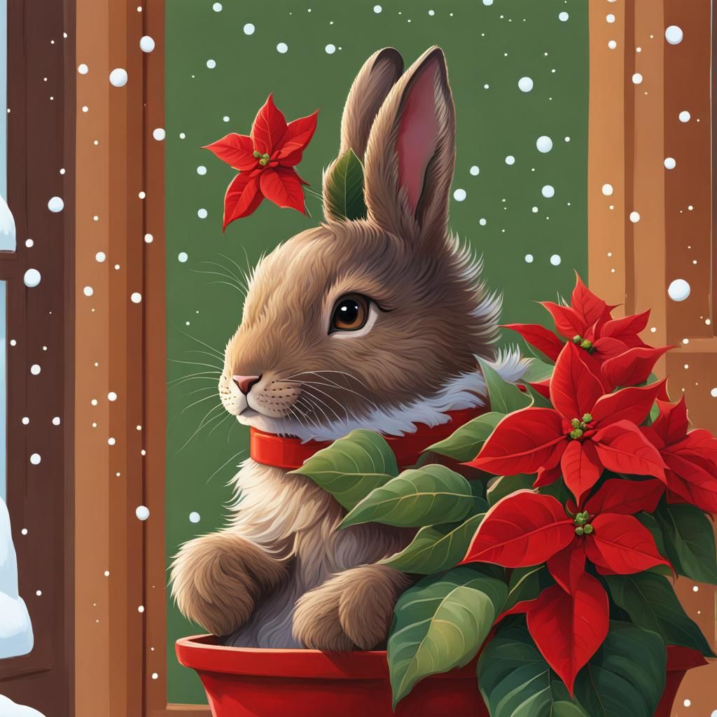 Christmas Rabbit with Poinsettia in Digital Scene