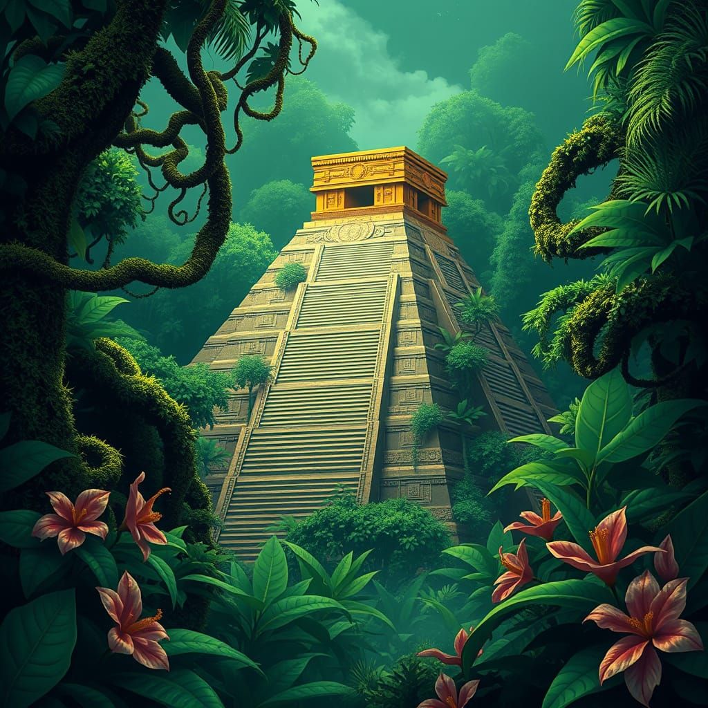 Aztec Pyramid in Emerald Jungle: Fantasy Poster Art