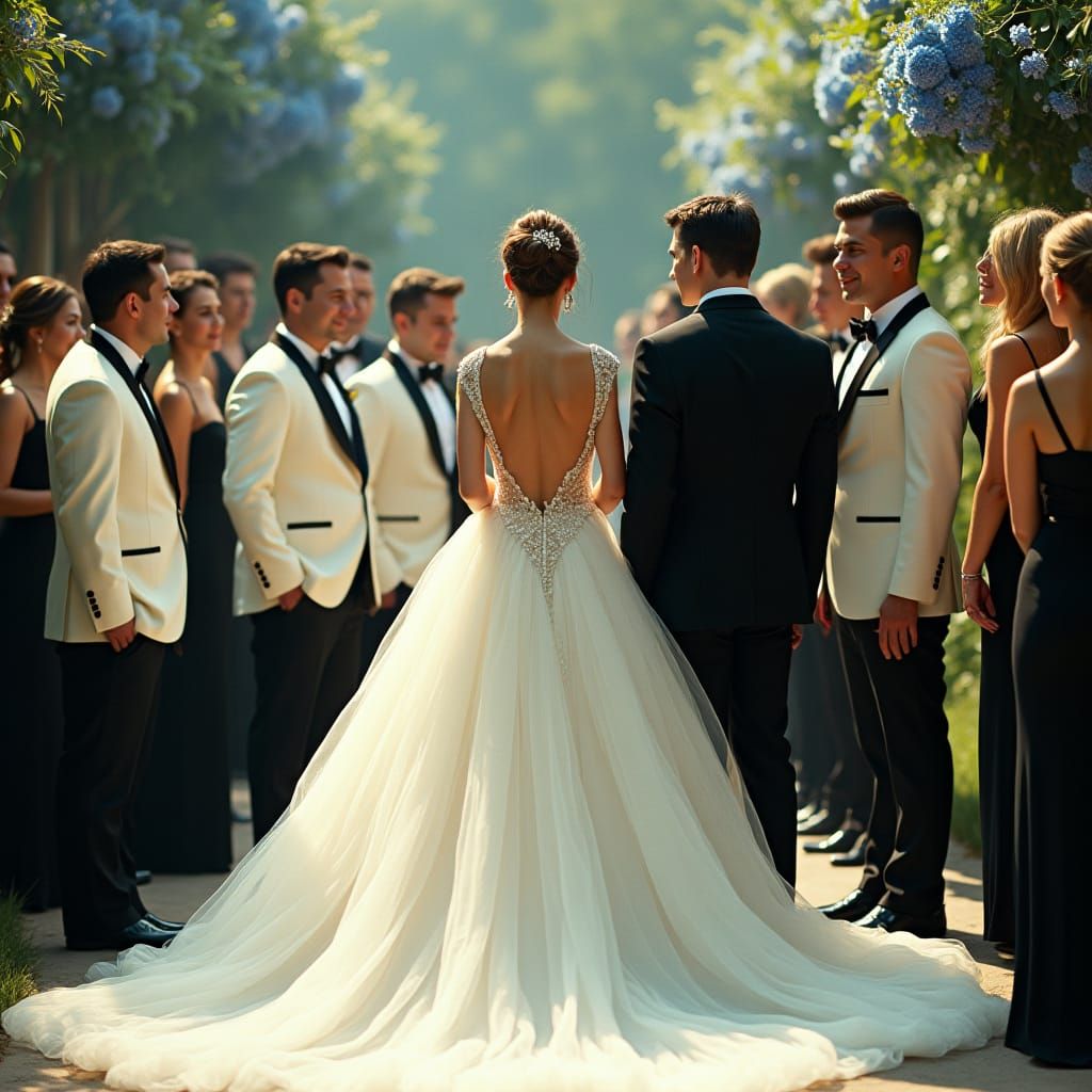 Epic Wedding Scene with Bride, Groom, and Party