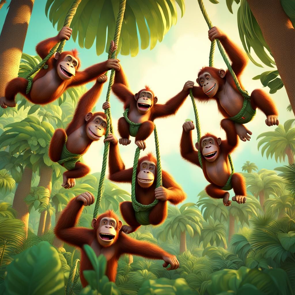 Smiling Orangutans Swinging: 3D Rendered Digital Art