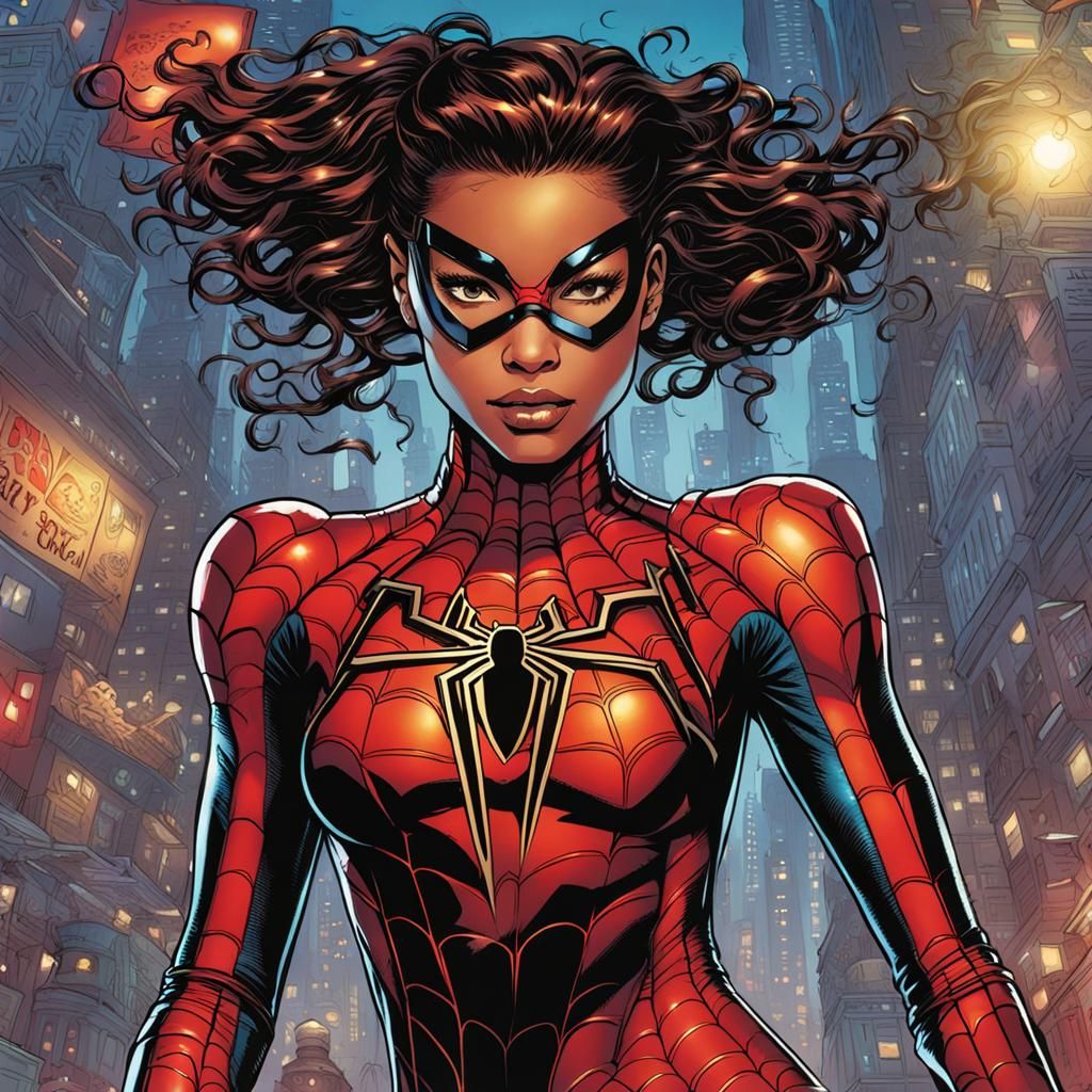 Spider-Woman Comic Book Art in Latex Bodysuit