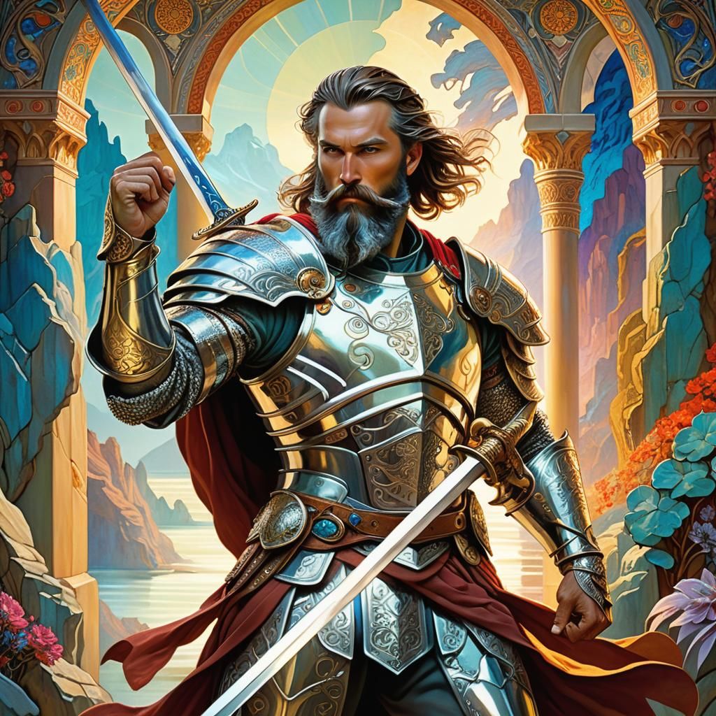 Armored Warrior in Mystical Landscape