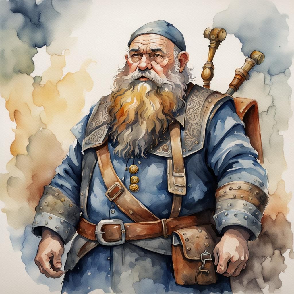 Stoic Dwarf Warrior in Watercolour Style