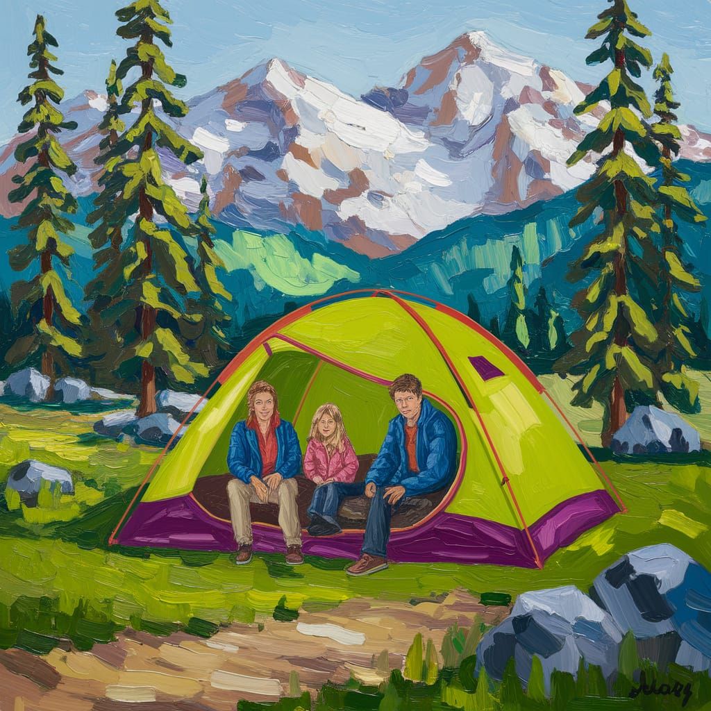 Family Camping in Neon Tent, Oil Painting