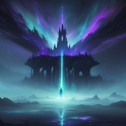 Lucid Dreamer Crossing Bridge of Light in Fantasy Painting