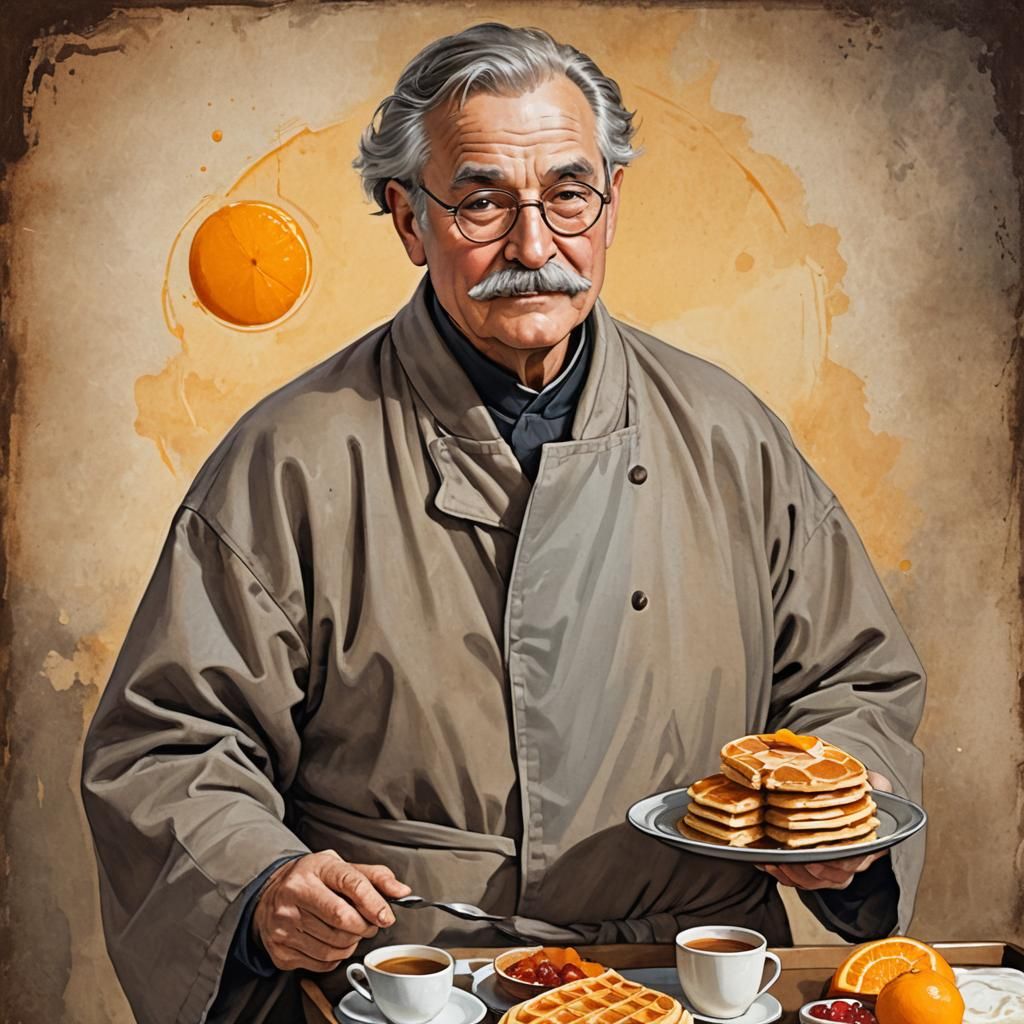 Chubby Old Man with Breakfast Tray