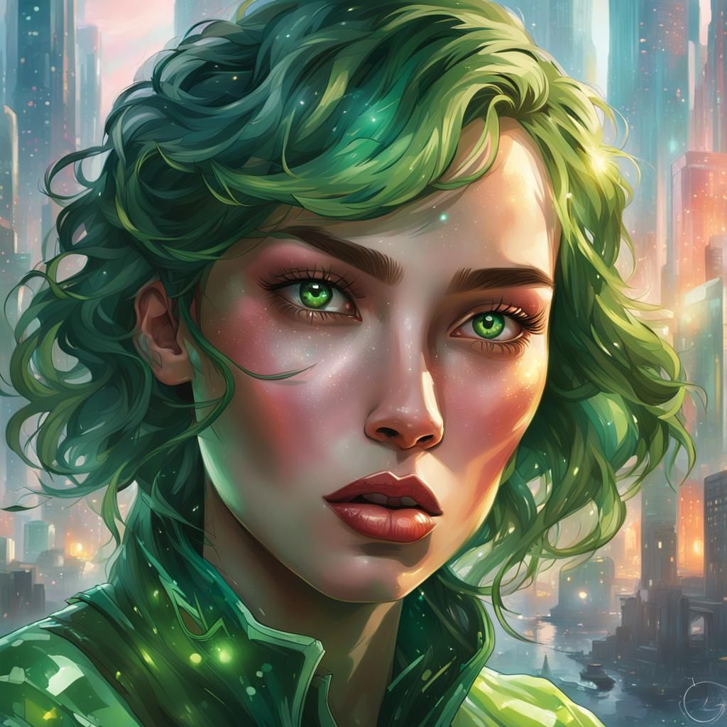 Beautiful Girl with Green Hair in Futuristic City
