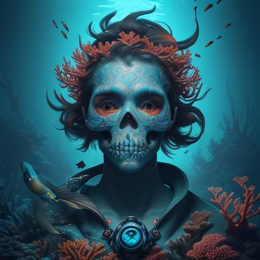 Underwater Diver Portrait with Skull Face in Detailed Painti...