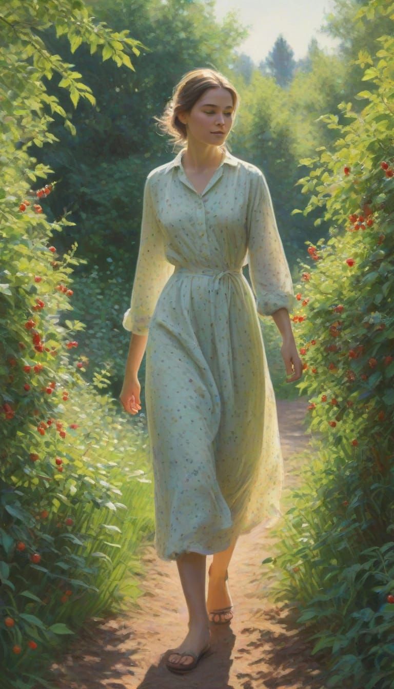 Woman in Berry Garden: Impressionist Painting