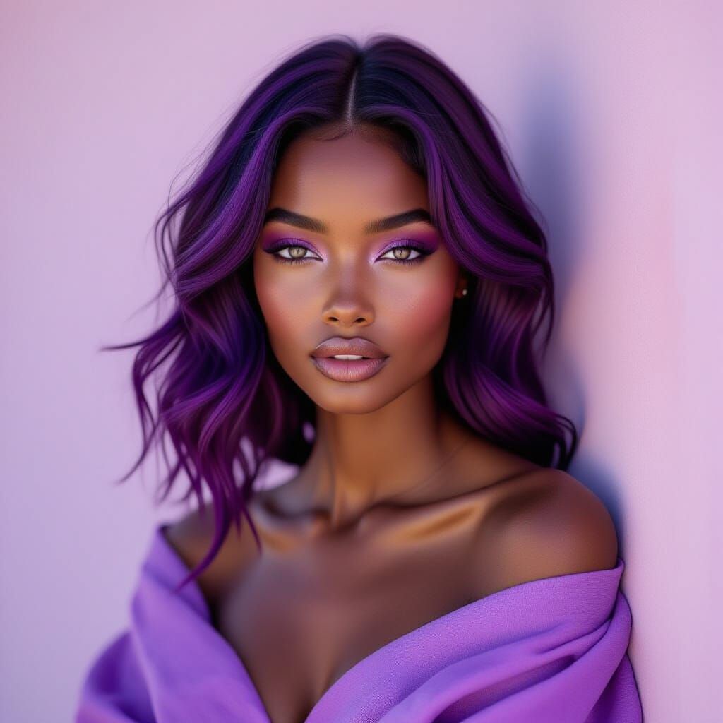Fashion Model Portrait with Purple Hair and Ethereal Glow