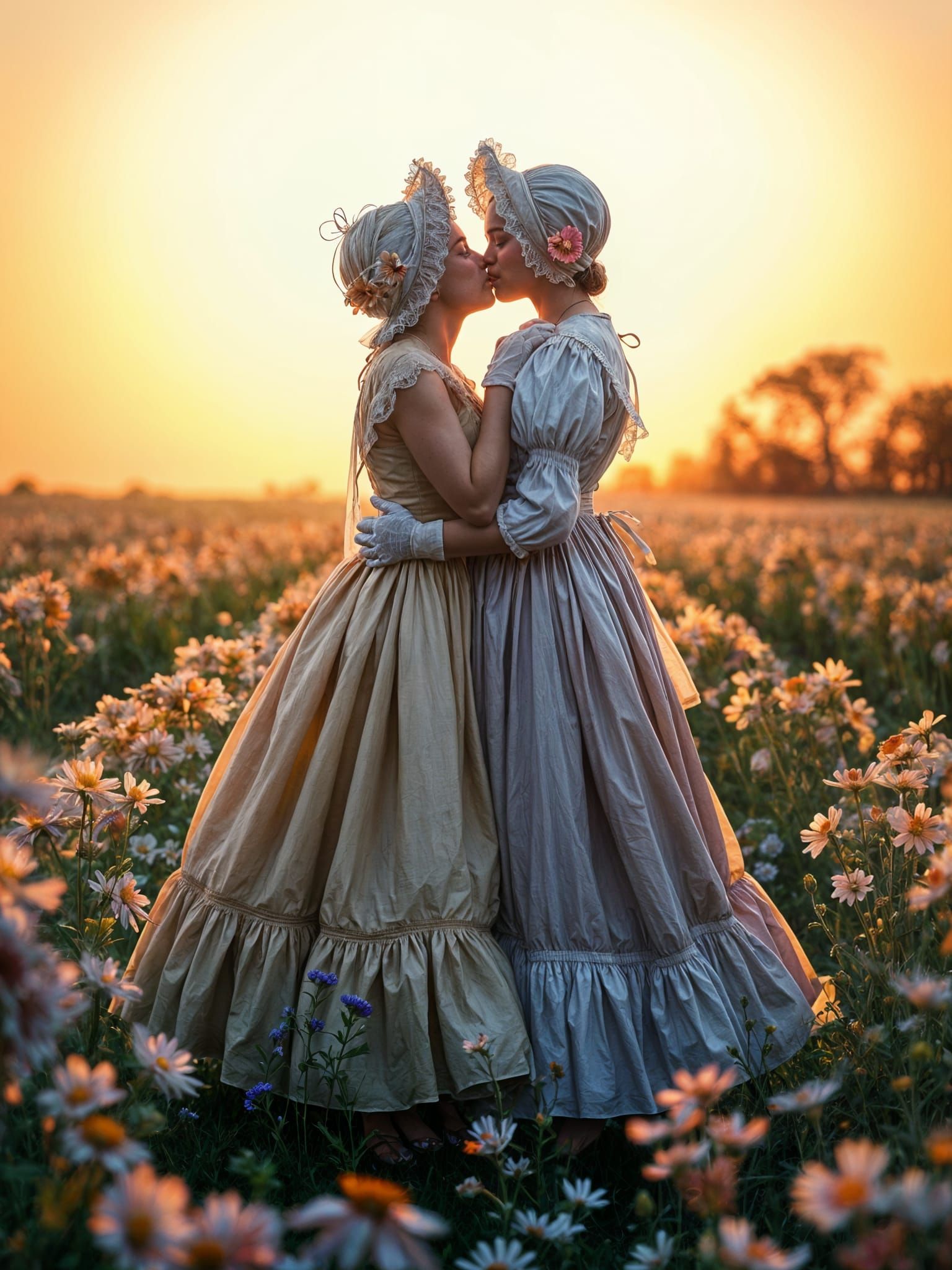 Colonial Women Kissing in Wildflower Field