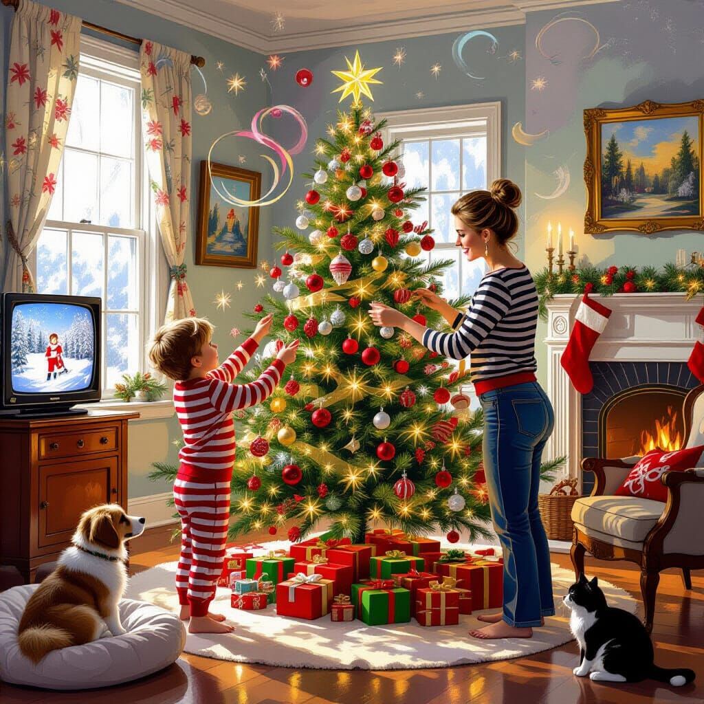 Magical Family Decorating Christmas Tree in Fairyland