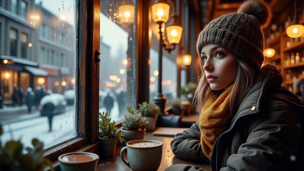 Woman Finds Warmth in Snowy City Cafe
