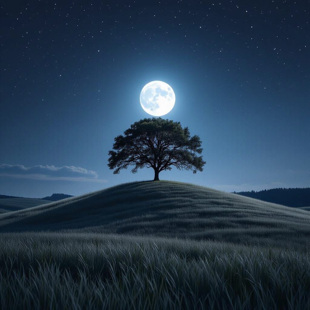 Majestic Tree Bathed in Moonlight on Starry Night