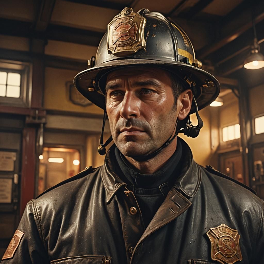Vintage Firefighter Portrait in Hyperrealistic Digital Art