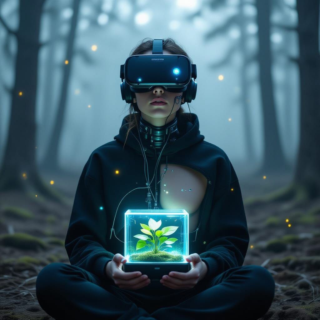 Cybernetic Human Hybrid in Foggy Forest