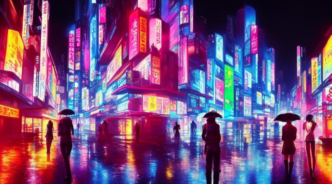 Cyberpunk Anime Village at Night in the Rain