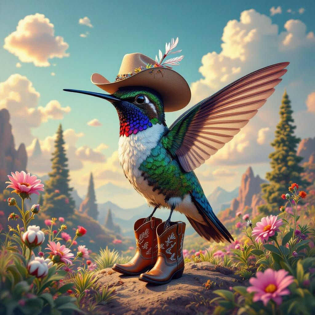 Hummingbird Cowboy in a Whimsical 3D Landscape